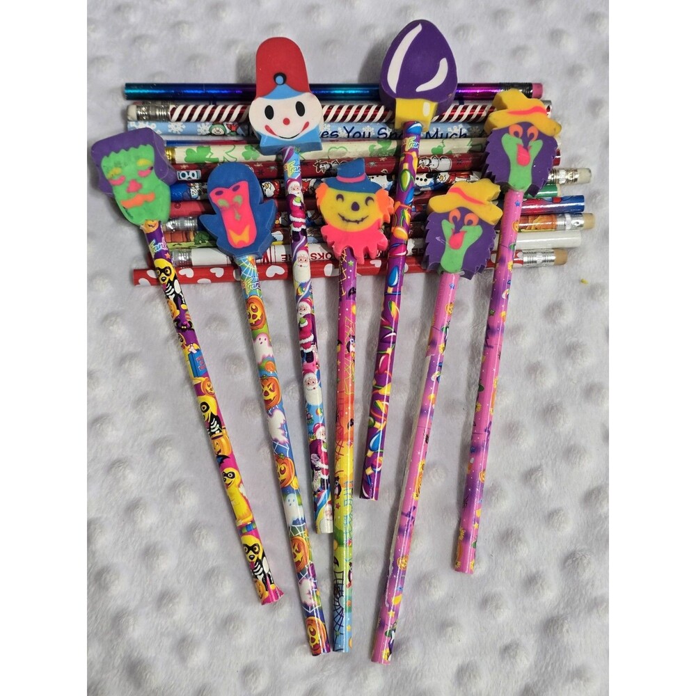Lisa Frank Vintage Pencils Lot Mixed Halloween Erasers Christmas Pokémon Veggie